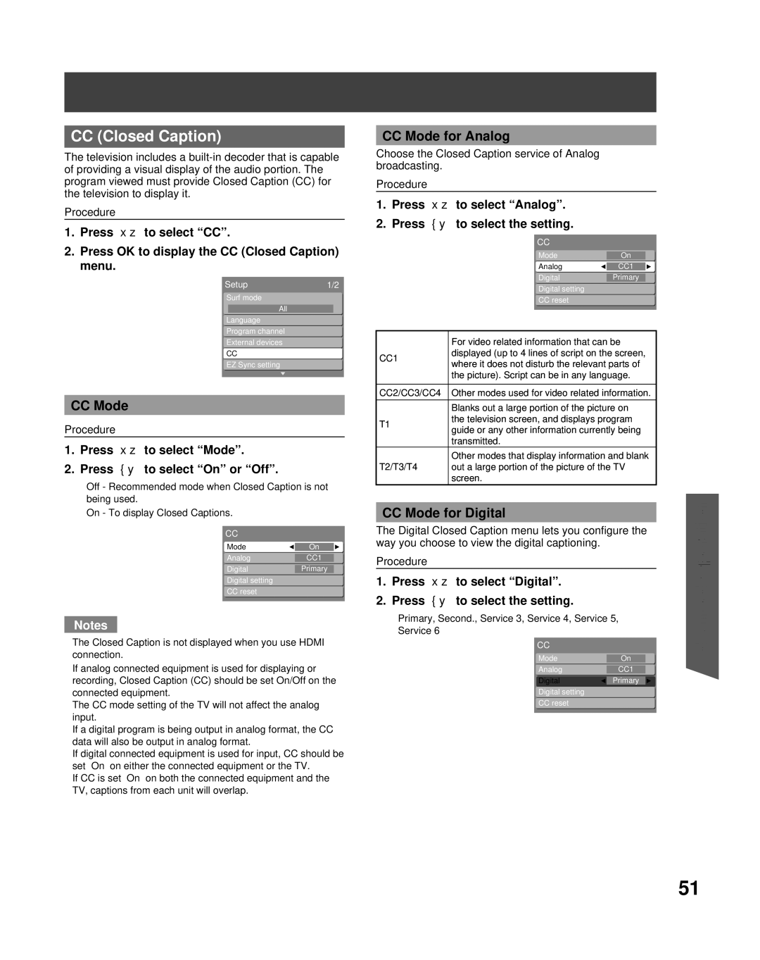 Panasonic PT-56LCX70-K, PT-61LCX70K, PT-50LCX7 manual CC Closed Caption, CC Mode for Analog, CC Mode for Digital 
