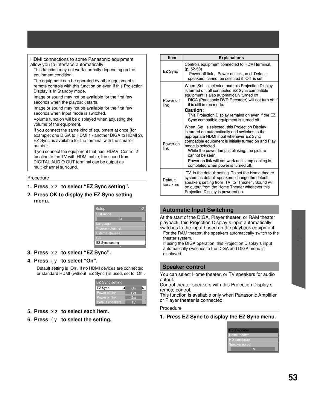 Panasonic PT-50LCX7, PT-61LCX7 manual Automatic Input Switching, Speaker control, Press to select EZ Sync Press to select On 