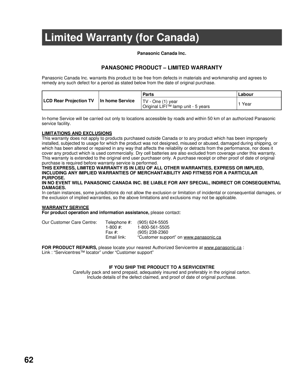 Panasonic PT-61LCX70, PT-56LCX70-K manual Limited Warranty for Canada, Limitations and Exclusions, Warranty Service 