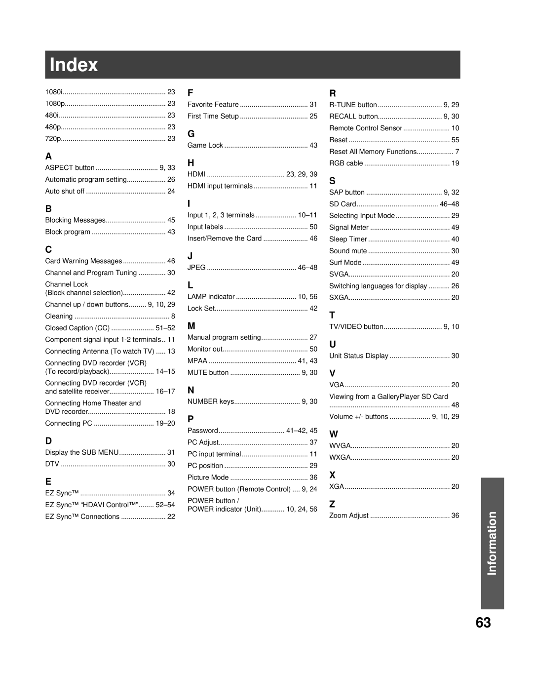 Panasonic PT-56LCX70-K, PT-61LCX70K, PT-50LCX7K manual Index, Dtv 