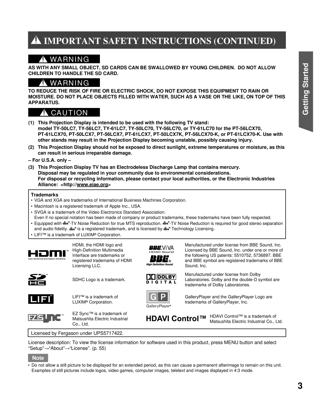 Panasonic PT-61LCX70K manual Important Safety Instructions Continued, Getting Started, ViVA, For U.S.A. only, Trademarks 