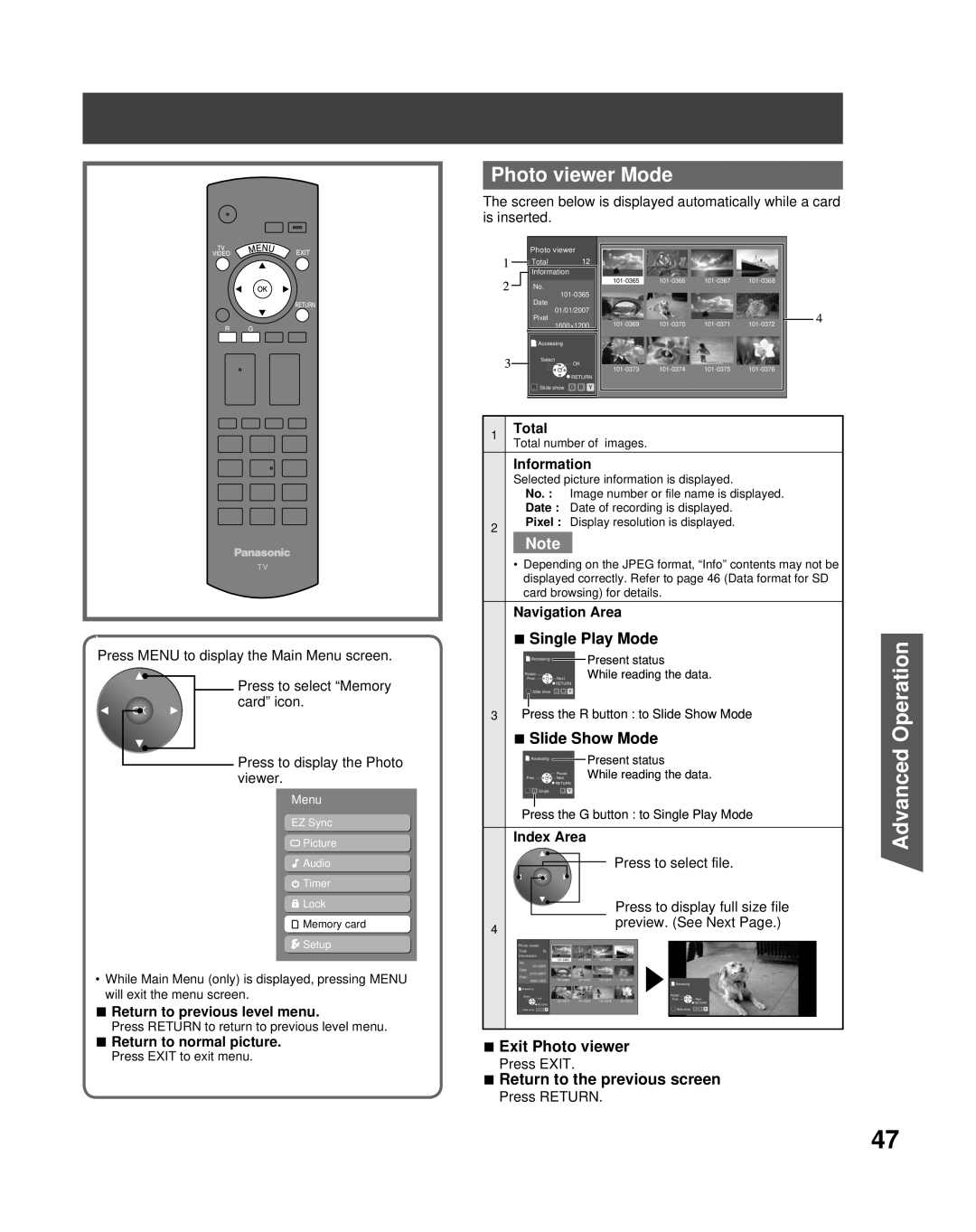 Panasonic PT-50LCX7K Photo viewer Mode, Single Play Mode, Slide Show Mode, Exit Photo viewer, Advanced Operation, Total 