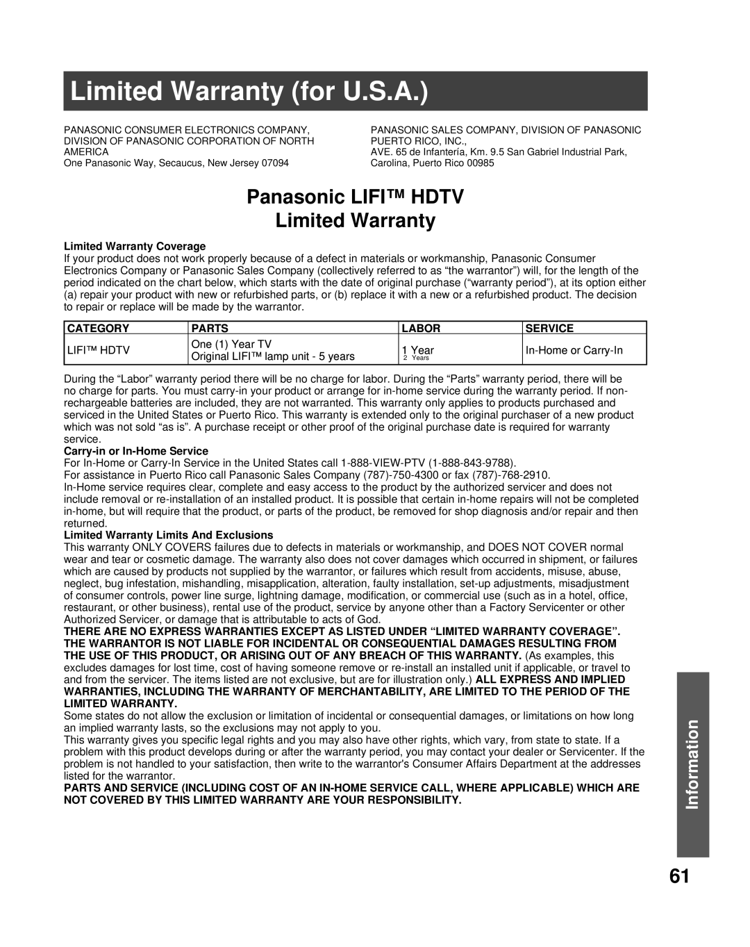 Panasonic PT-50LCX7K Limited Warranty for U.S.A, Panasonic LIFI HDTV Limited Warranty, Information, Category, Parts, Labor 