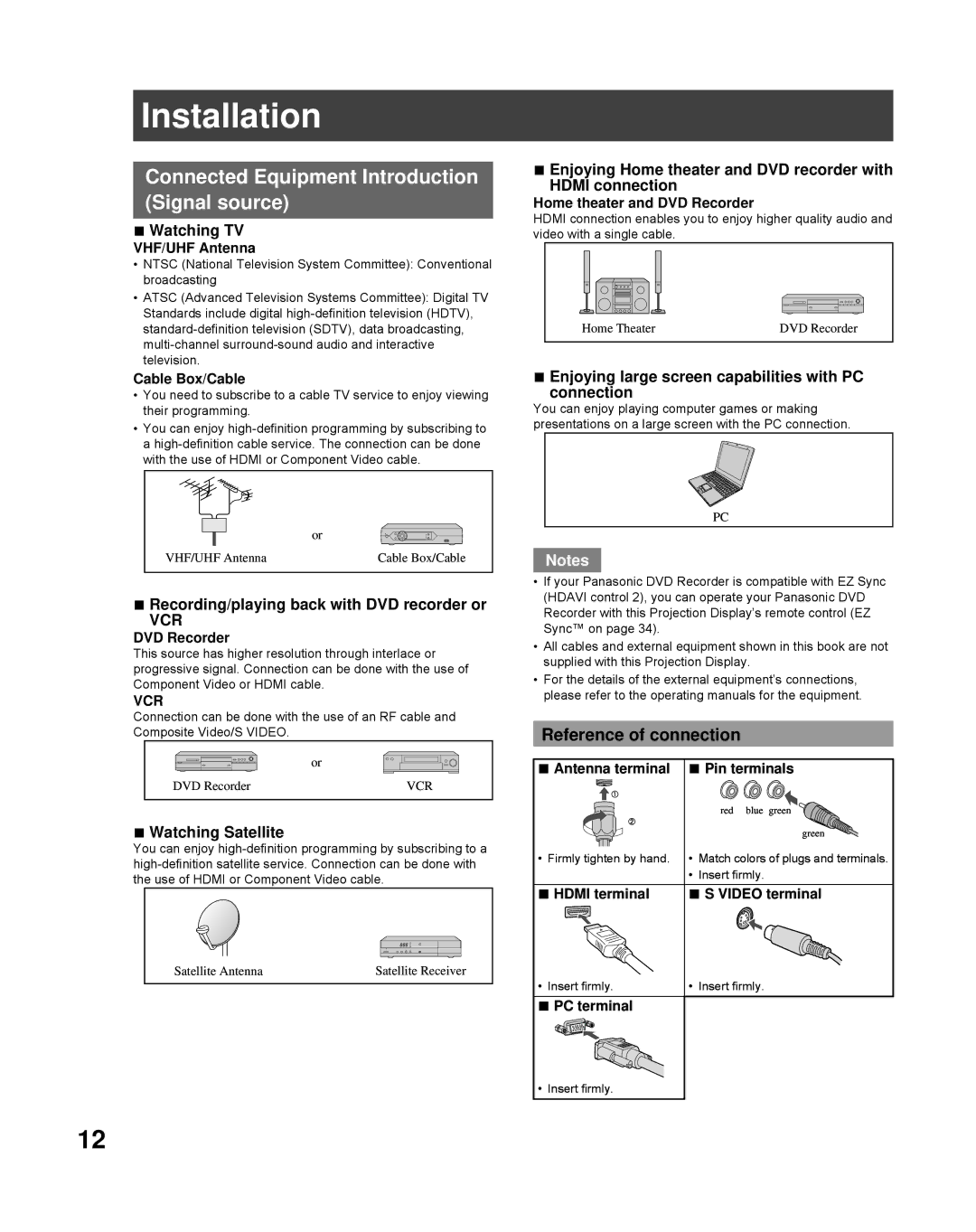 Panasonic PT-50LCZ70-K, PT-61LCZ7 Installation, Connected Equipment Introduction Signal source, Reference of connection 