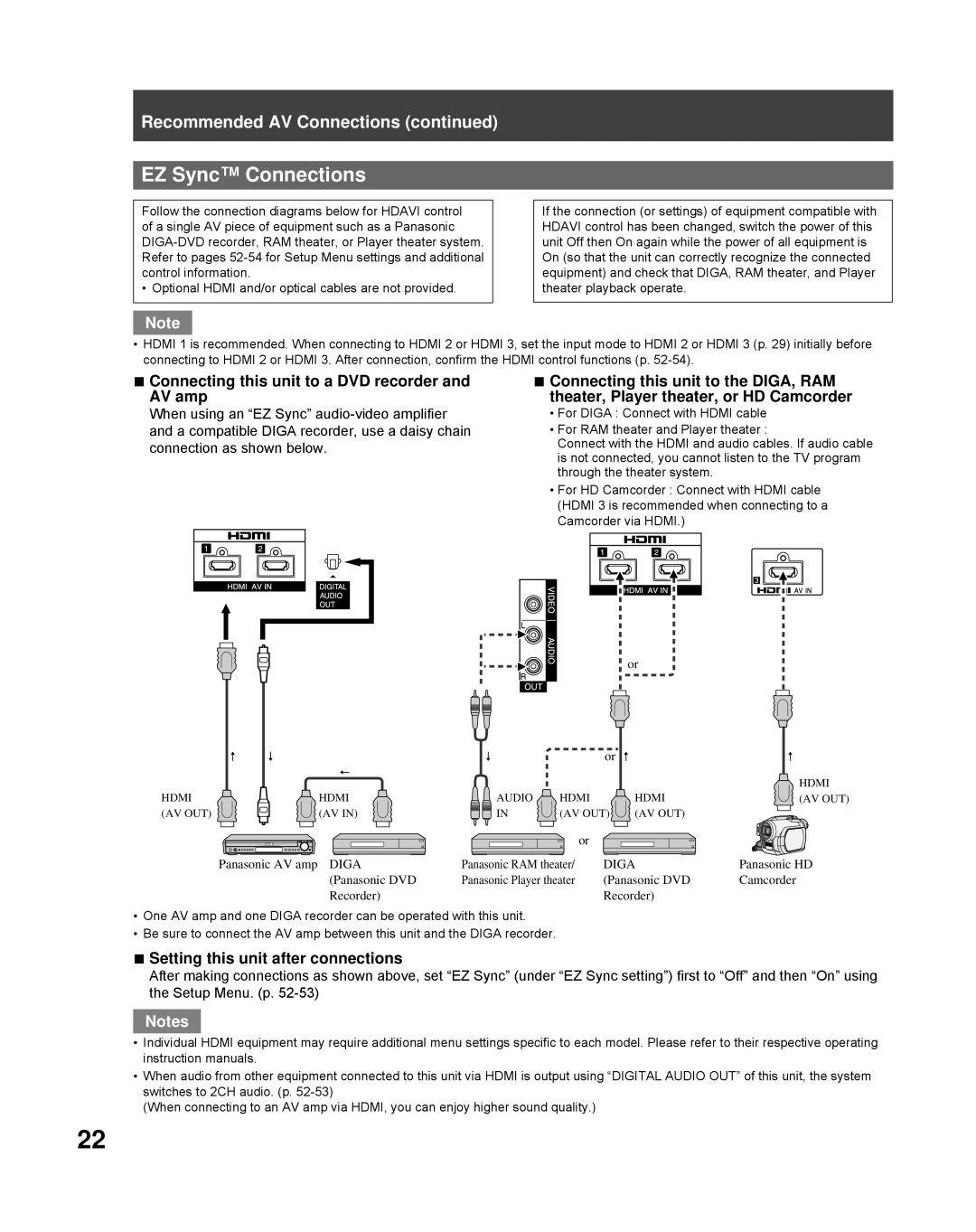 Panasonic PT-56LCZ70, PT-61LCZ70-K, PT-50LCZ70-K manual EZ Sync Connections, Setting this unit after connections 