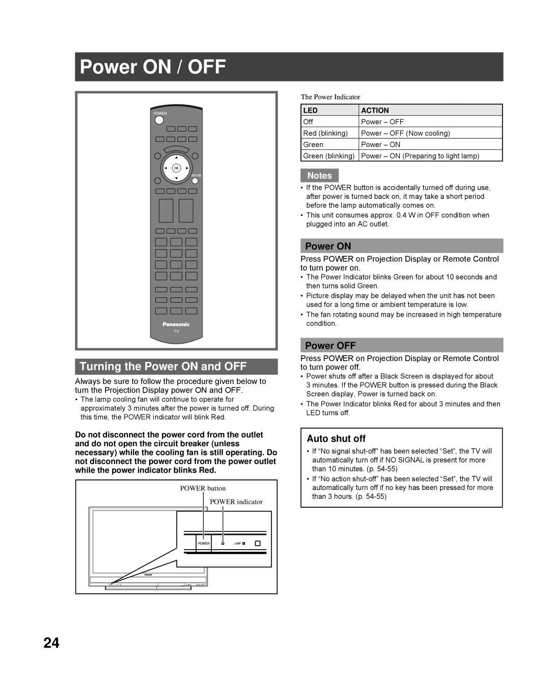 Panasonic PT-56LCZ70, PT-61LCZ70-K, PT-50LCZ70-K Power on / OFF, Turning the Power on and OFF, Power OFF, Auto shut off 