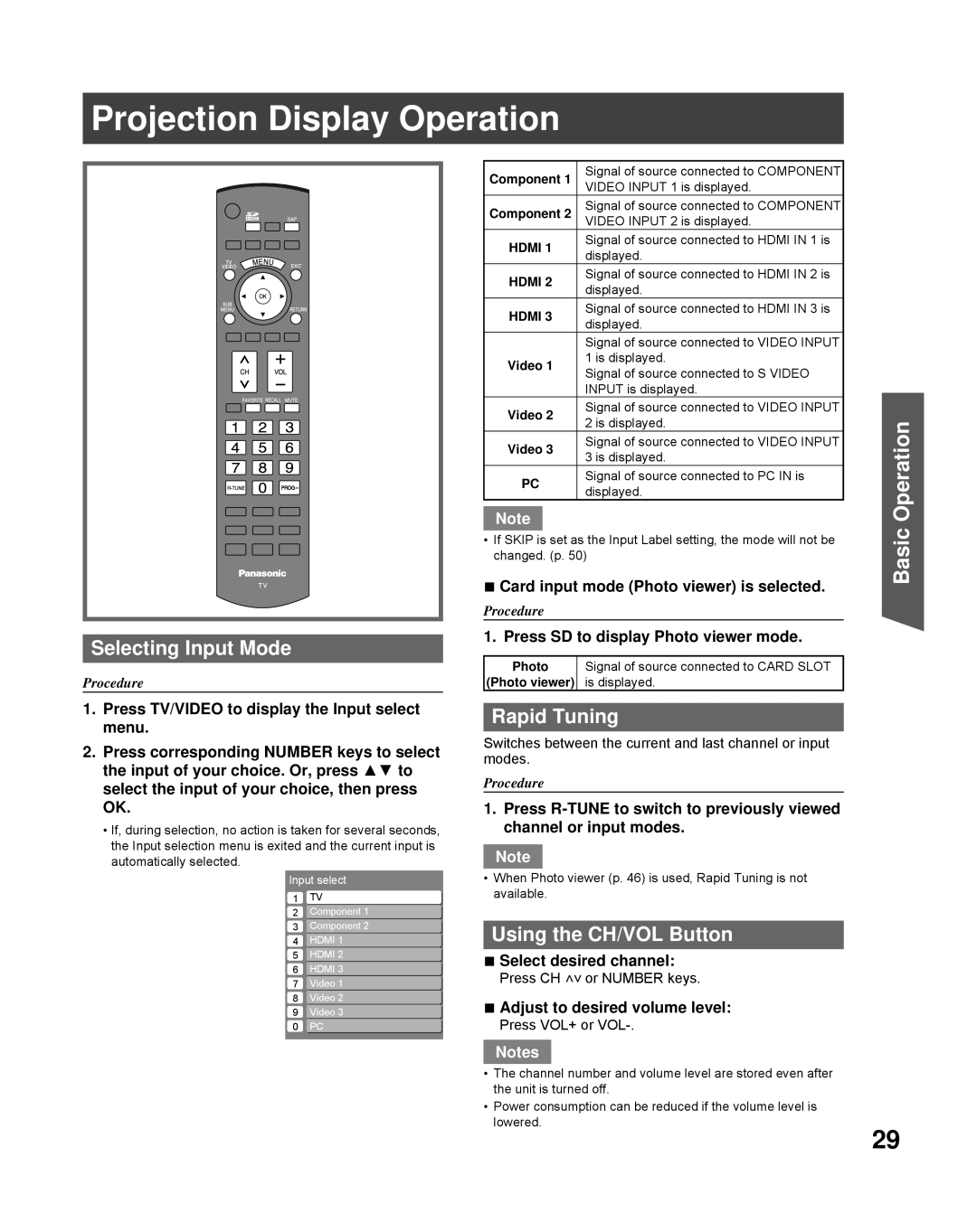 Panasonic PT-56LCZ70-K manual Projection Display Operation, Selecting Input Mode, Rapid Tuning, Using the CH/VOL Button 