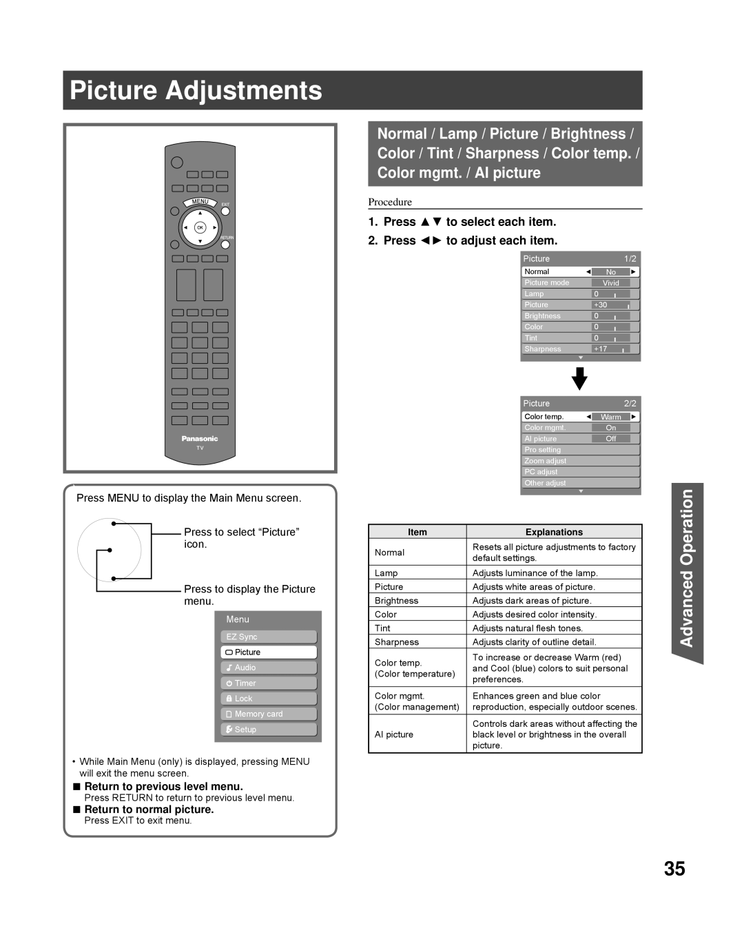 Panasonic PT-61LCZ70-K, PT-56LCZ70, PT-50LCZ70-K Picture Adjustments, Press to select each item Press to adjust each item 