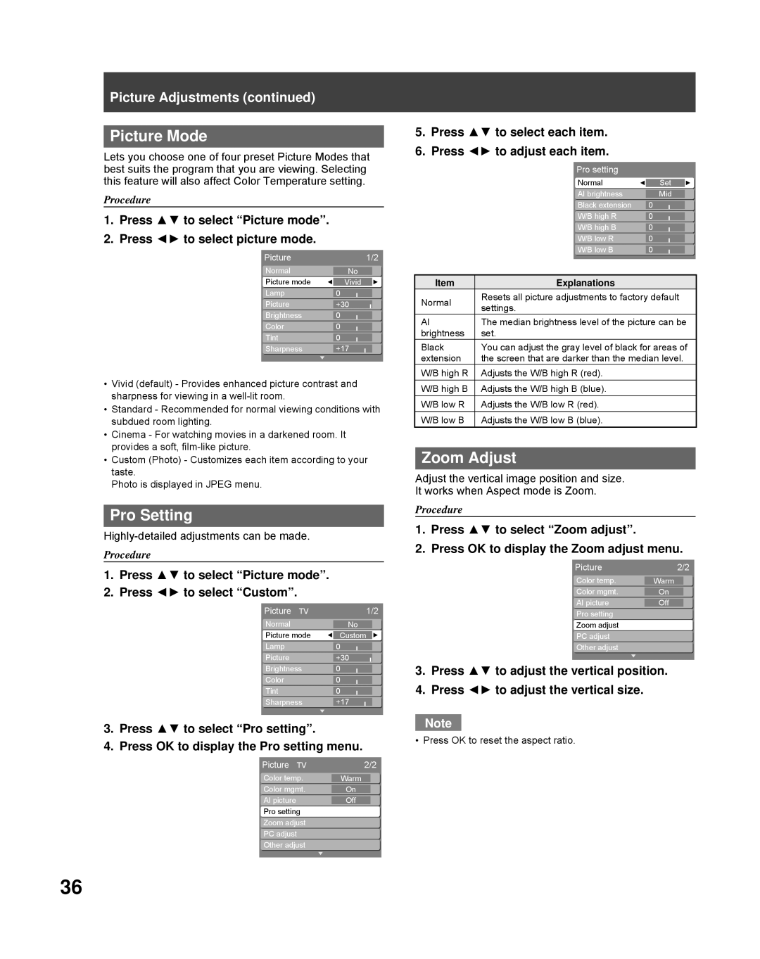 Panasonic PT-50LCZ70-K Picture Mode, Pro Setting, Zoom Adjust, Press to select Picture mode Press to select picture mode 