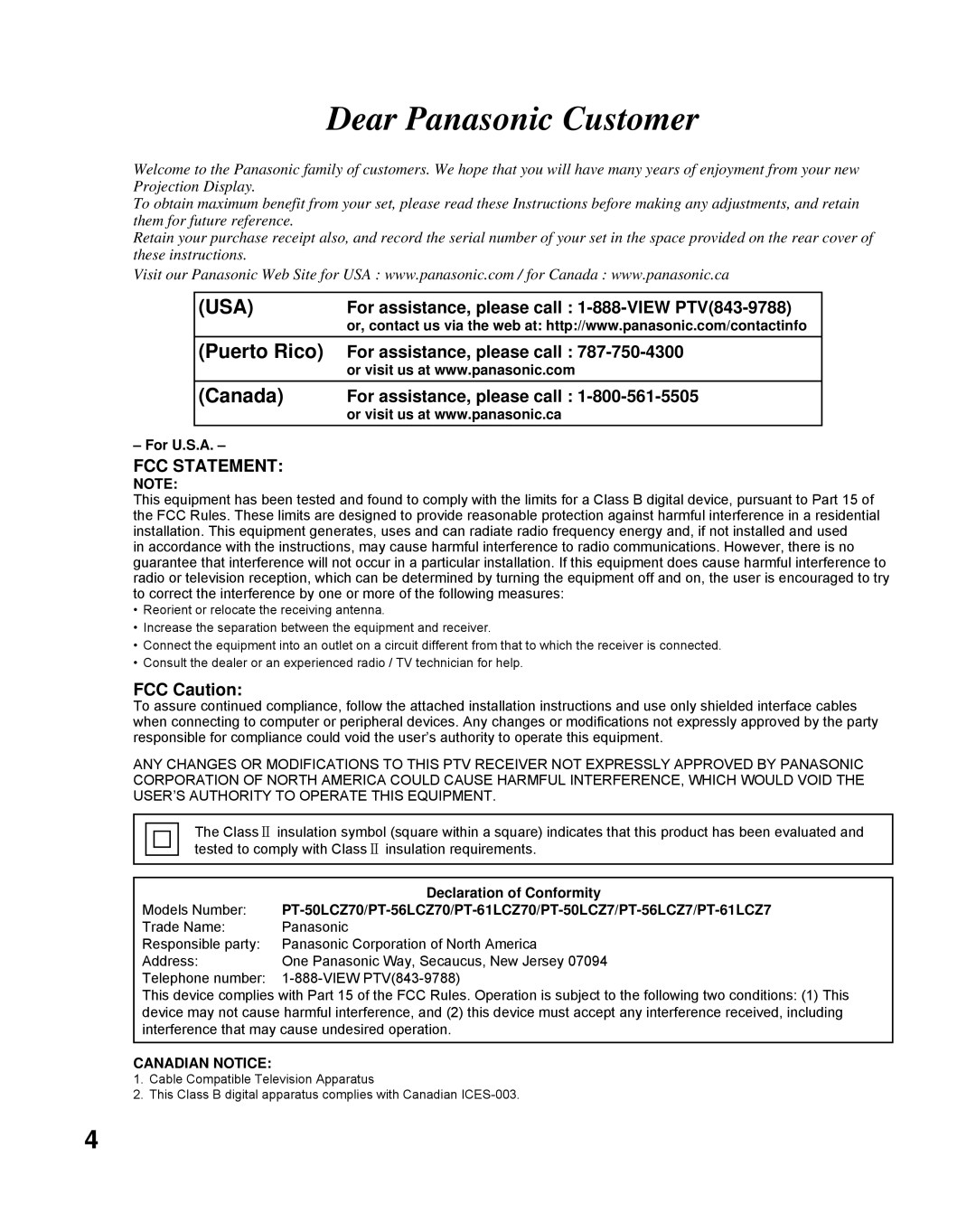 Panasonic PT-50LCZ70-K, PT-61LCZ7, PT-56LCZ70 For assistance, please call 1-888-VIEW PTV843-9788, FCC Caution, For U.S.A 