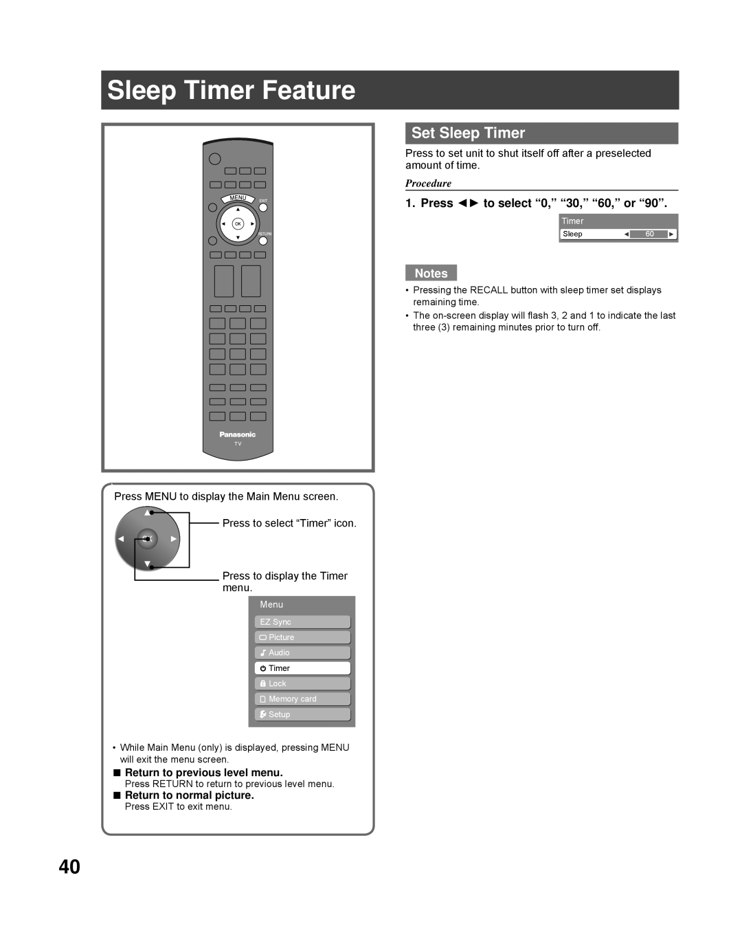 Panasonic PT-56LCZ70, PT-61LCZ70-K, PT-50LCZ70-K Sleep Timer Feature, Set Sleep Timer, Press to select 0, 30, 60, or 