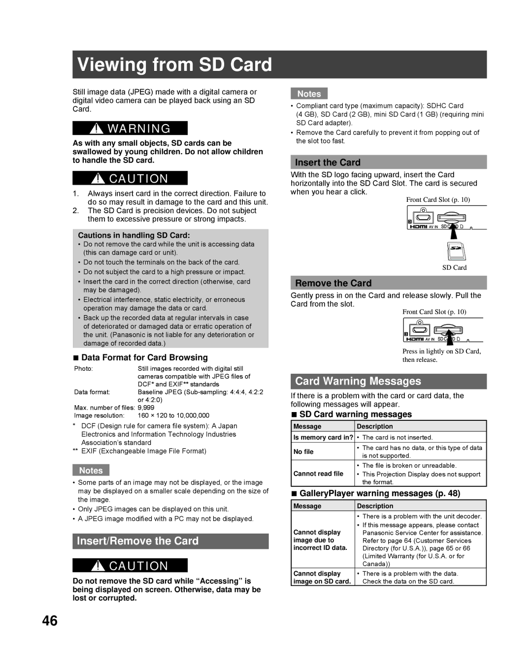 Panasonic PT-50LCZ7, PT-61LCZ7 manual Viewing from SD Card, Insert/Remove the Card, Card Warning Messages, Insert the Card 