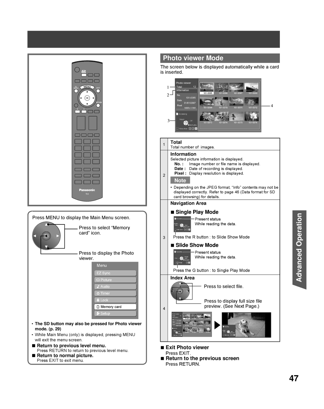 Panasonic PT-56LCZ70, PT-61LCZ70-K, PT-50LCZ70-K Photo viewer Mode, Single Play Mode, Slide Show Mode, Exit Photo viewer 