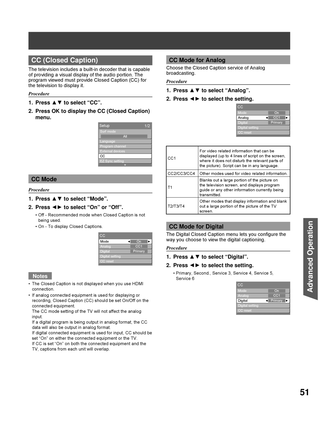 Panasonic PT-61LCZ70-K, PT-56LCZ70, PT-50LCZ70-K manual CC Closed Caption, CC Mode for Analog, CC Mode for Digital 