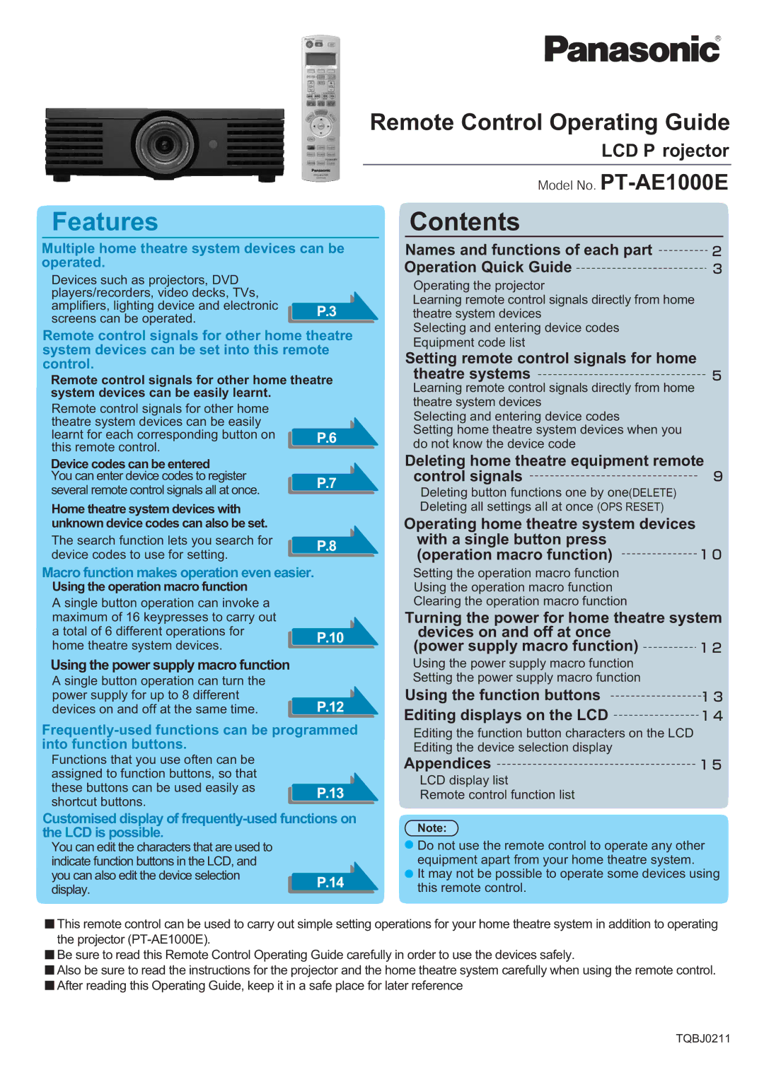 Panasonic PT-AE1000E manual Contents 