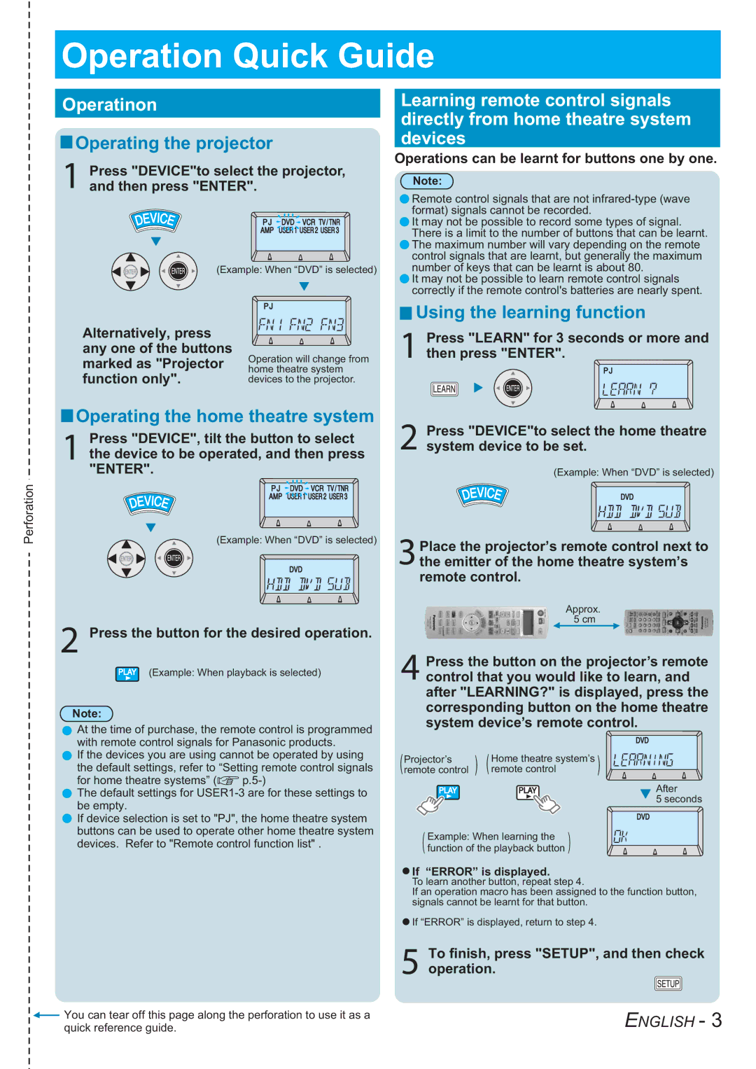 Panasonic PT-AE1000E manual Operation Quick Guide, Operatinon 