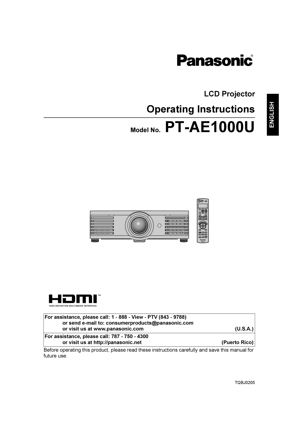 Panasonic PT-AE1000U manual Operating Instructions 