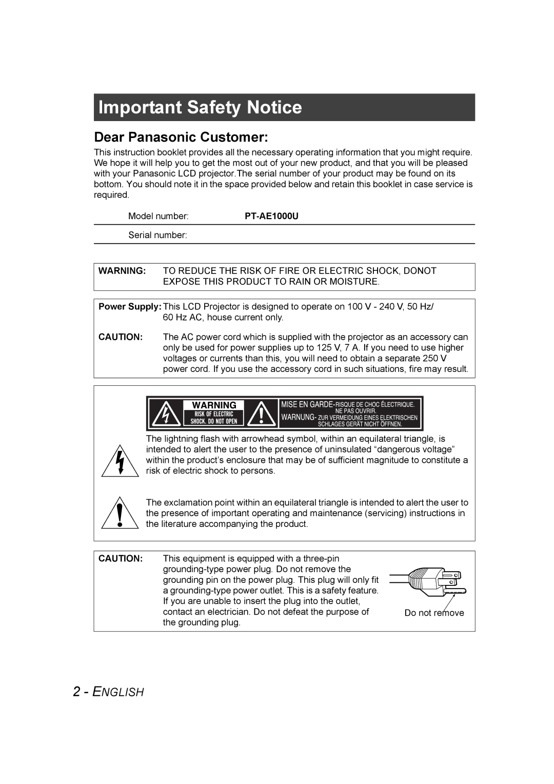 Panasonic PT-AE1000U manual Important Safety Notice 