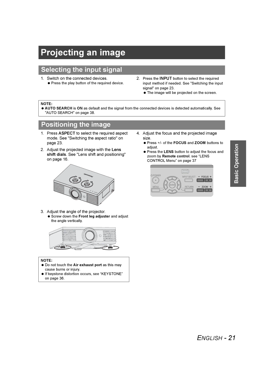 Panasonic PT-AE1000U manual Projecting an image, Selecting the input signal, Positioning the image 