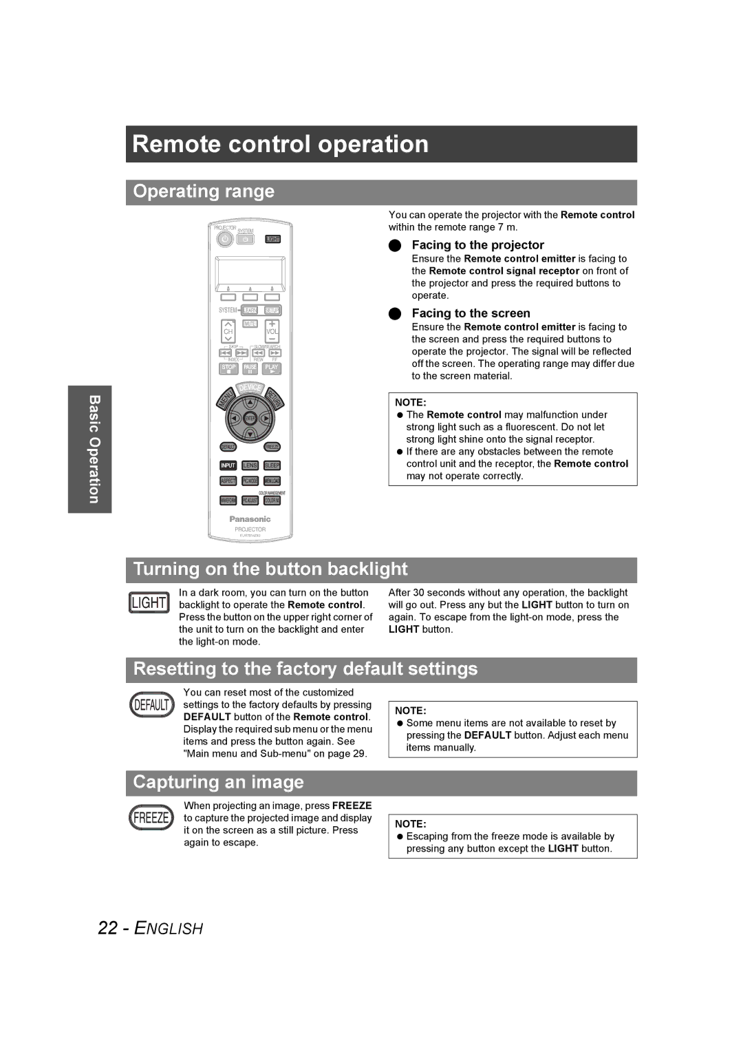 Panasonic PT-AE1000U manual Remote control operation, Operating range, Turning on the button backlight, Capturing an image 