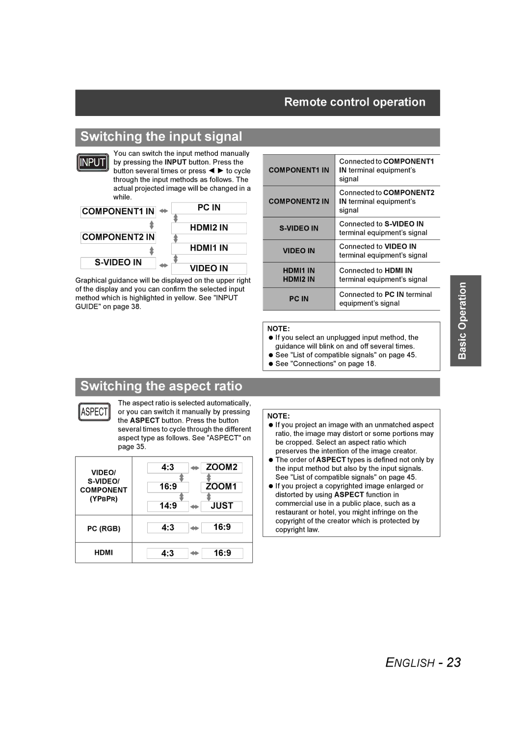 Panasonic PT-AE1000U manual Switching the input signal, Switching the aspect ratio 