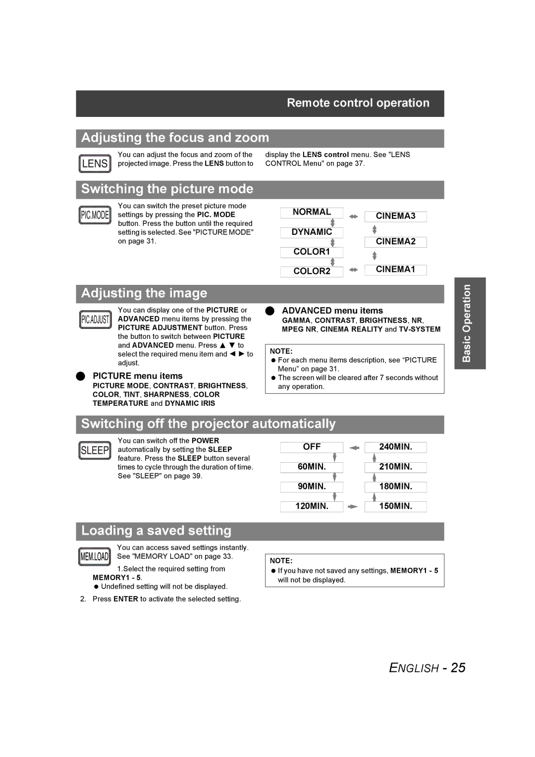 Panasonic PT-AE1000U manual Adjusting the focus and zoom, Switching the picture mode, Adjusting the image 