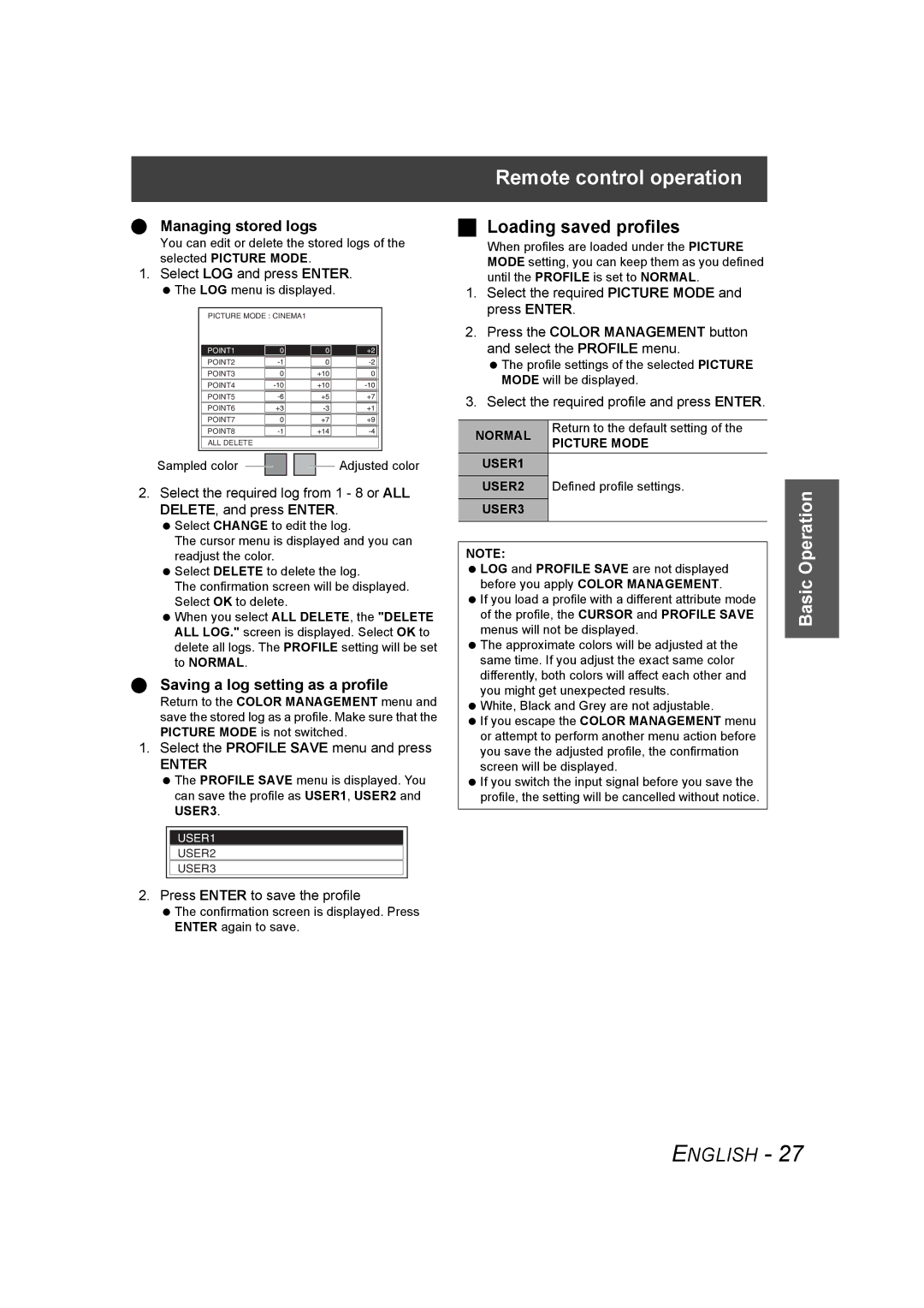 Panasonic PT-AE1000U manual Loading saved profiles, Managing stored logs, Saving a log setting as a profile 