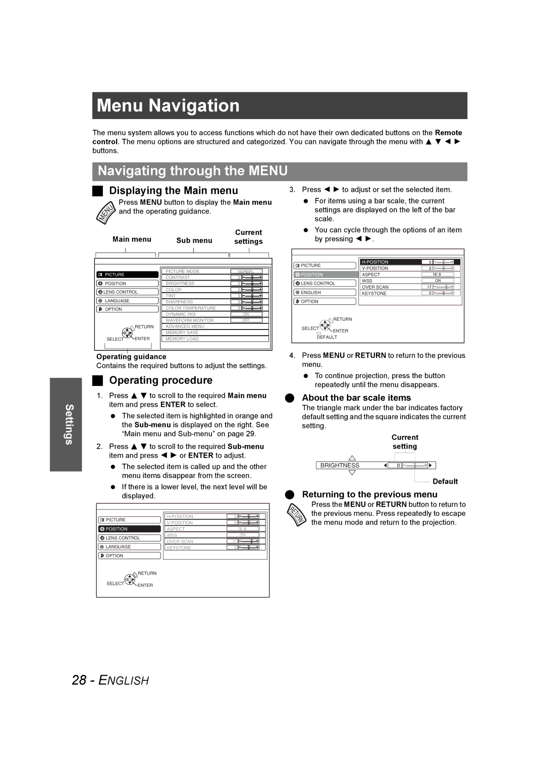 Panasonic PT-AE1000U manual Menu Navigation, Navigating through the Menu, Displaying the Main menu, Operating procedure 