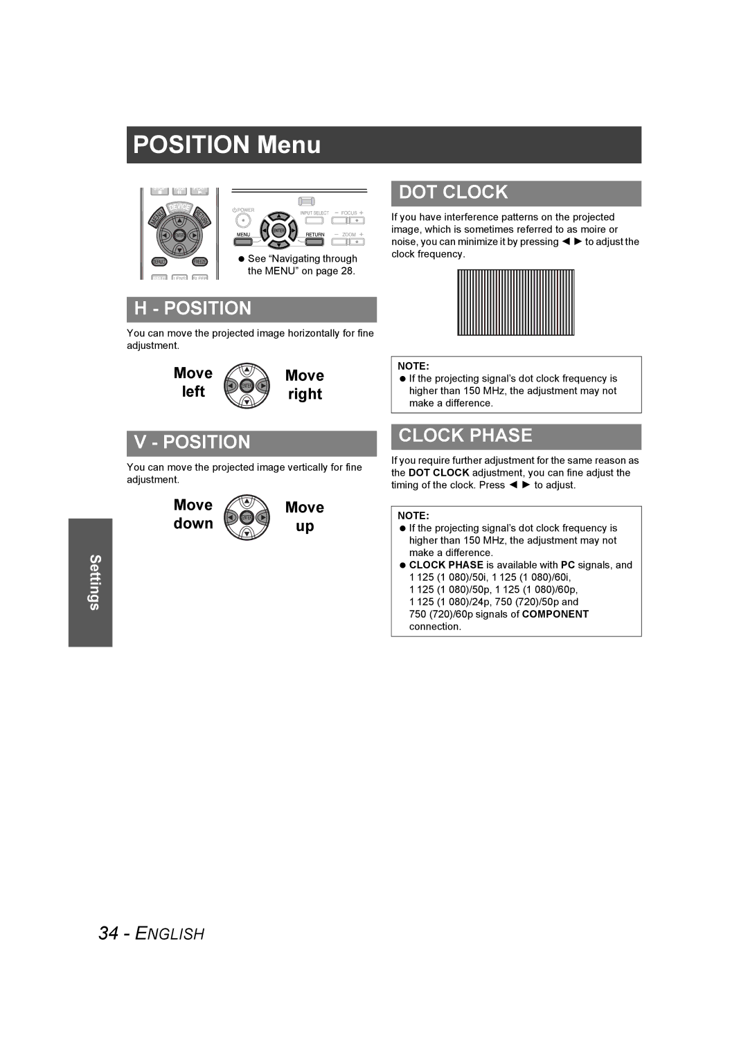 Panasonic PT-AE1000U manual Position Menu, DOT Clock, Clock Phase 