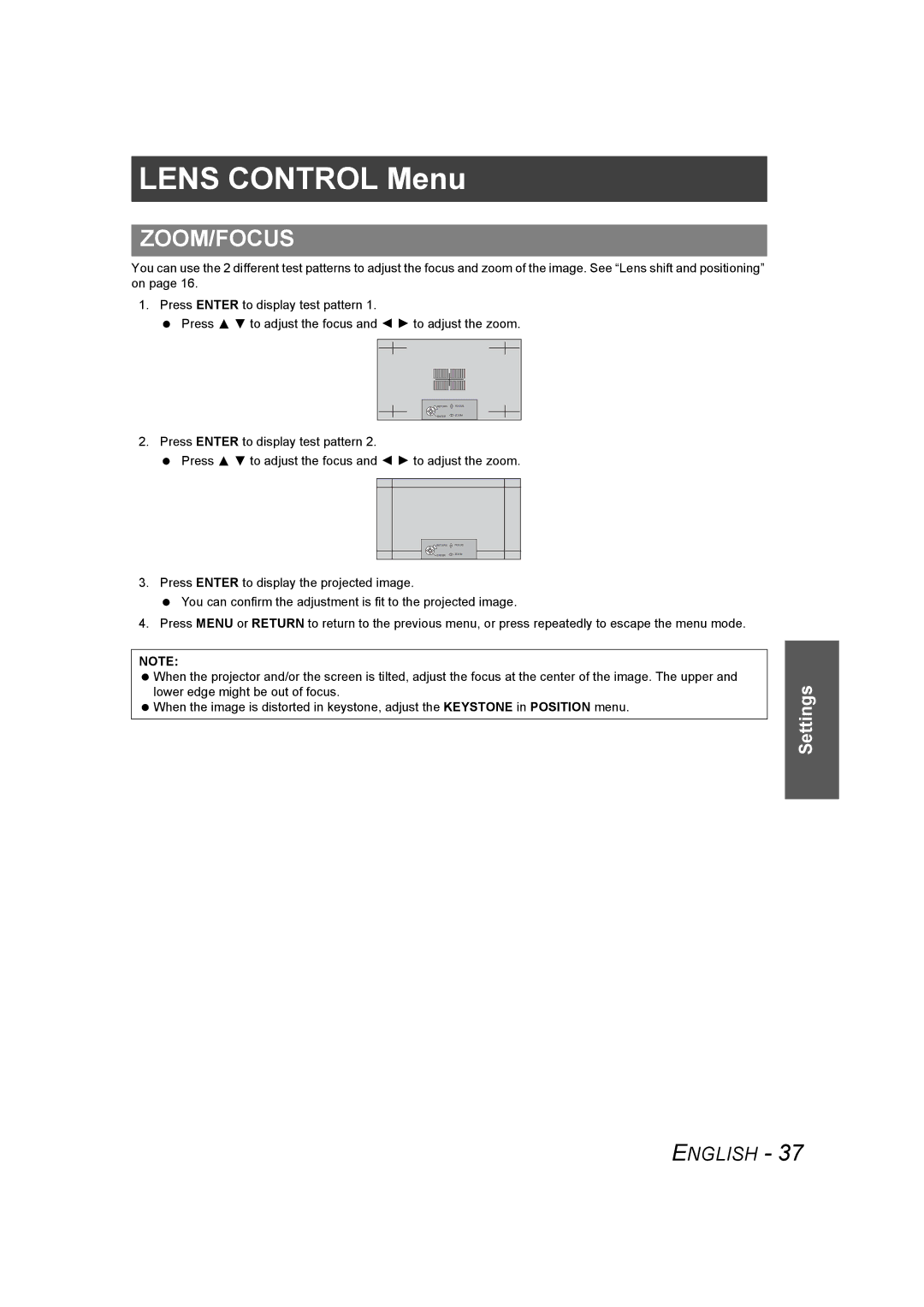 Panasonic PT-AE1000U manual Lens Control Menu, Zoom/Focus 