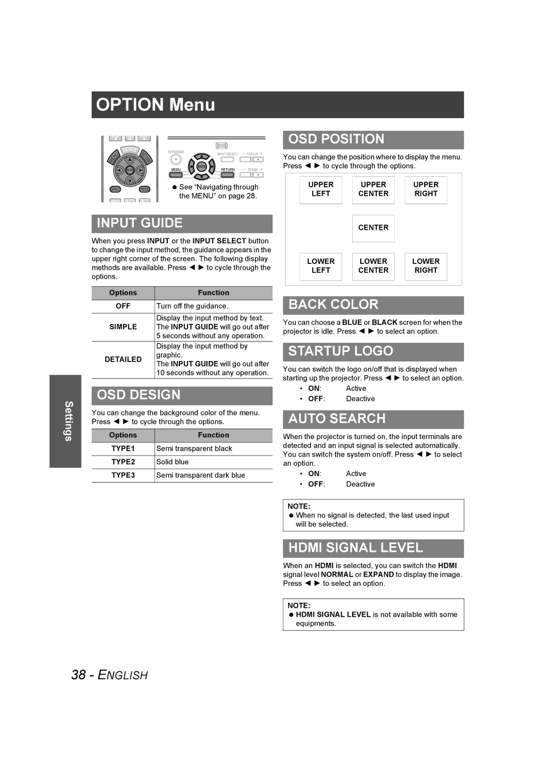 Panasonic PT-AE1000U manual Option Menu 