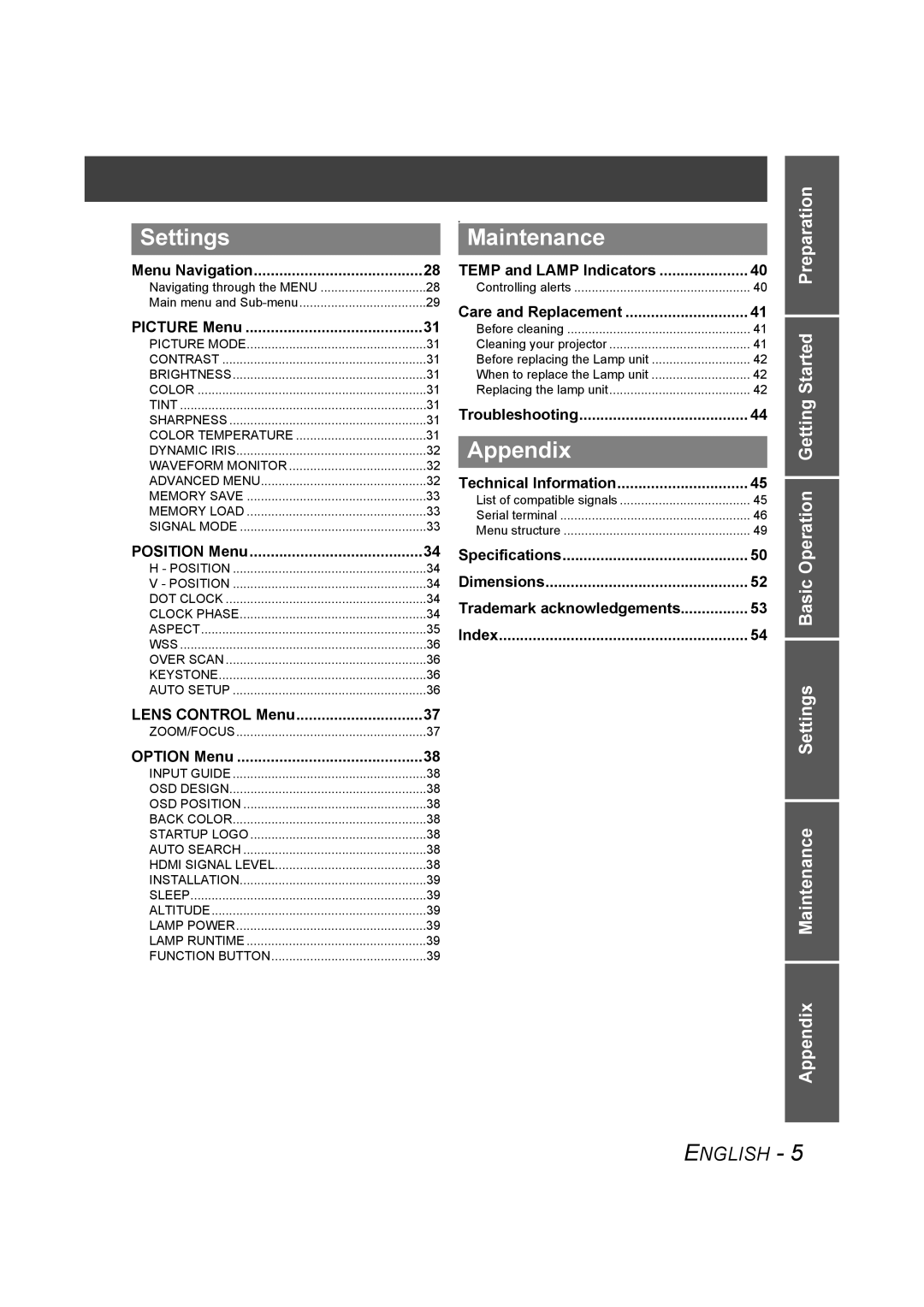 Panasonic PT-AE1000U manual Settings, Maintenance, Appendix 