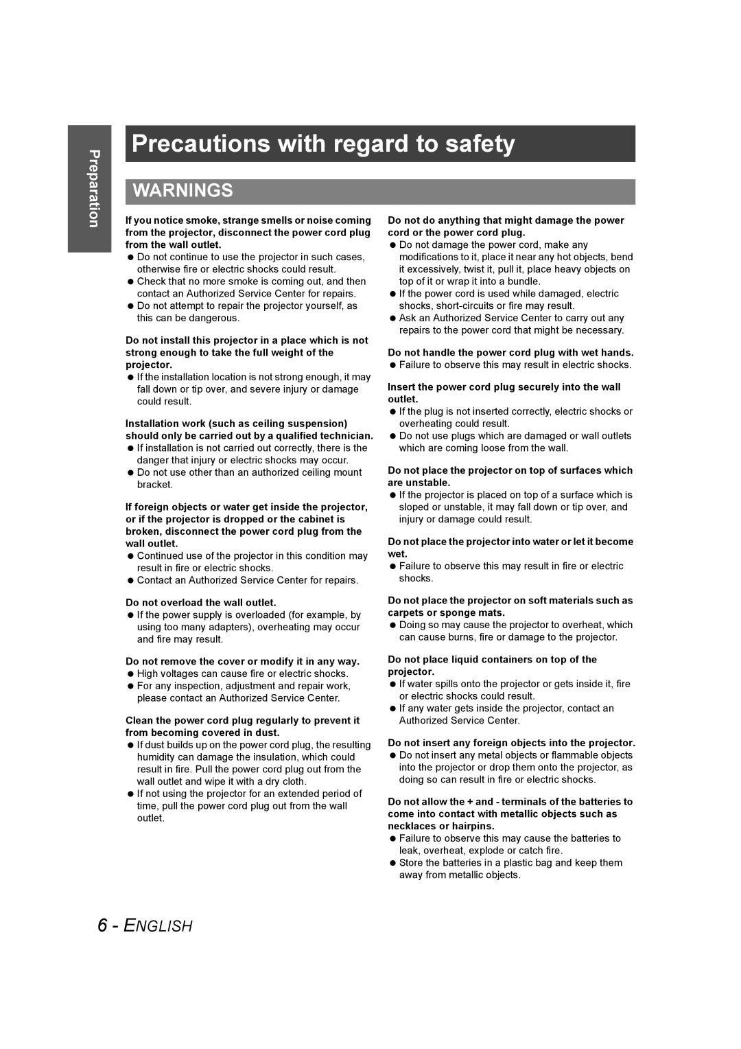 Panasonic PT-AE1000U manual Precautions with regard to safety 