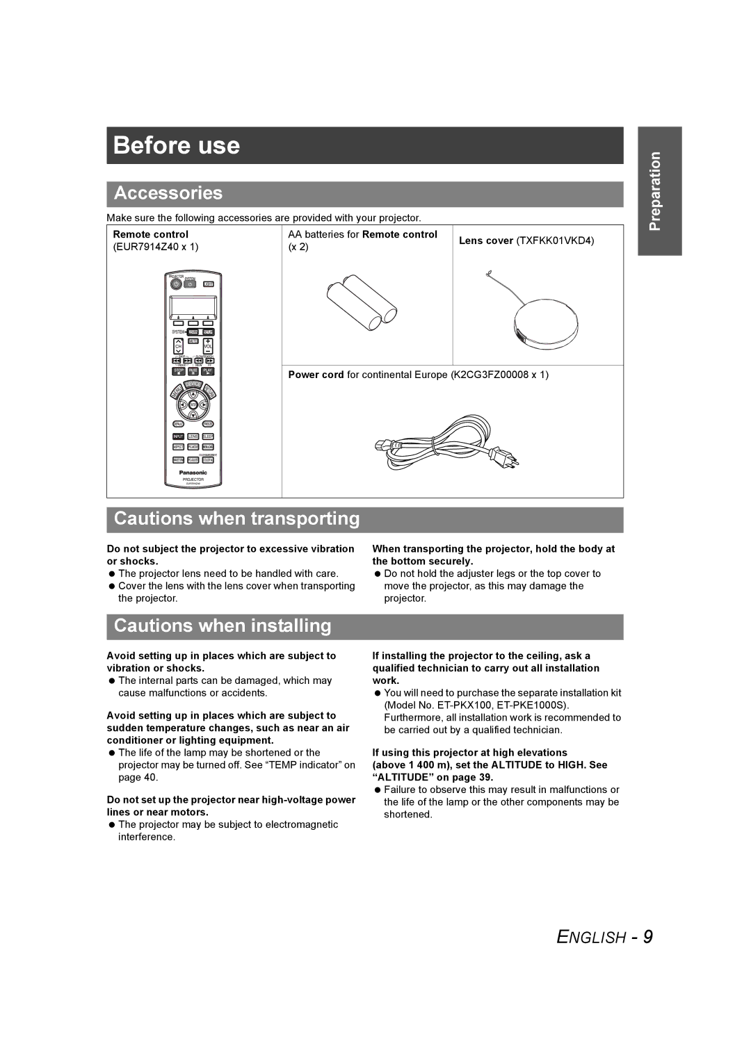 Panasonic PT-AE1000U manual Before use, Accessories, Remote control 