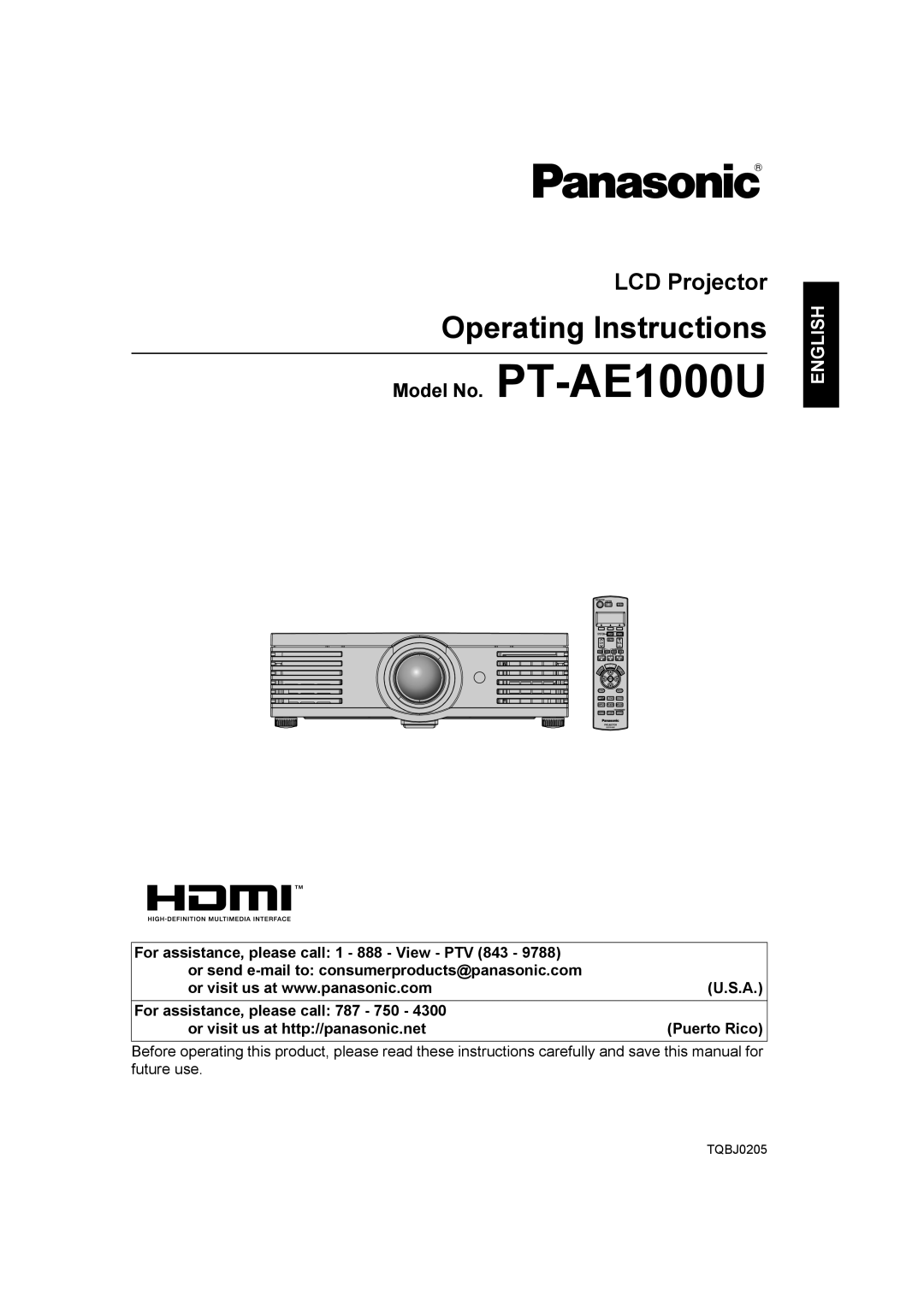 Panasonic PT-AE1000U manual Operating Instructions 