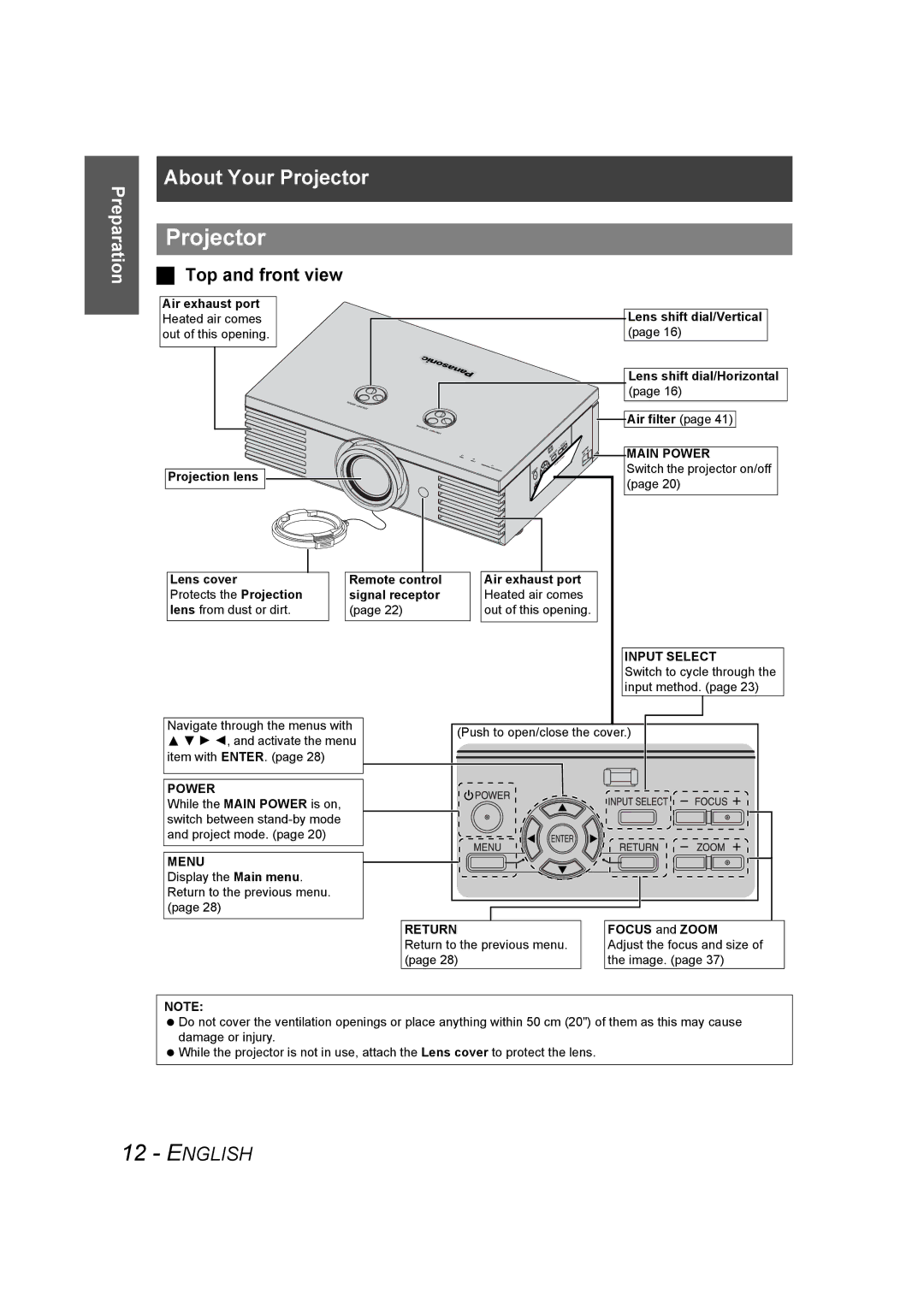 Panasonic PT-AE1000U manual Projector, Top and front view 