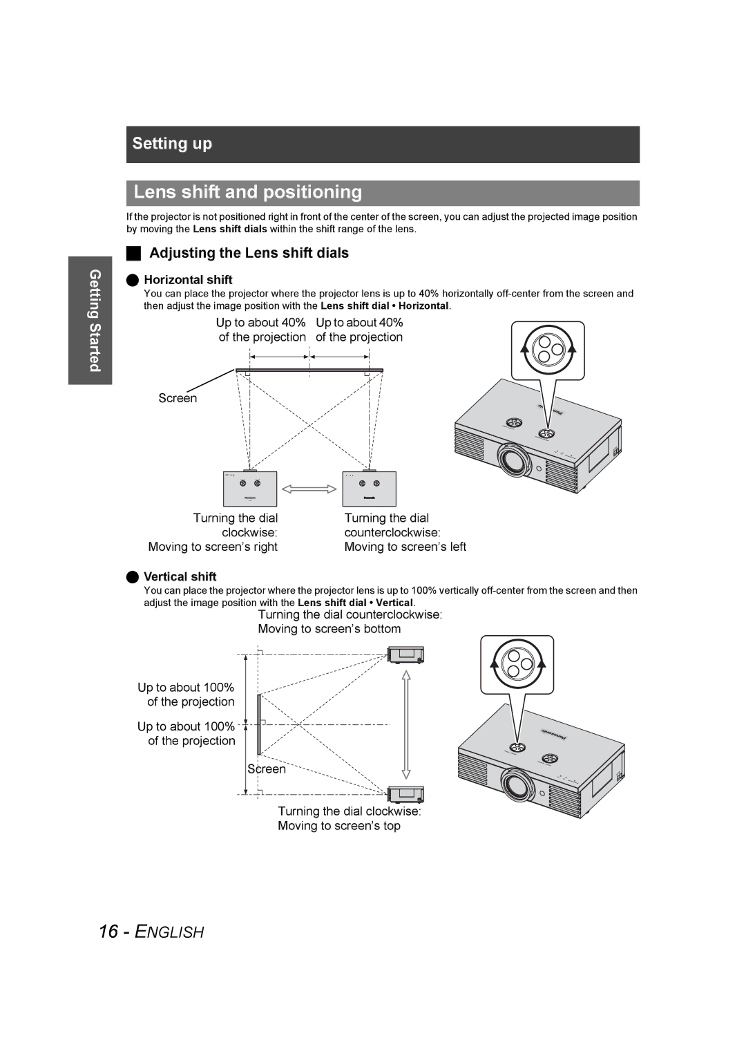 Panasonic PT-AE1000U manual Lens shift and positioning, Adjusting the Lens shift dials, Horizontal shift, Vertical shift 