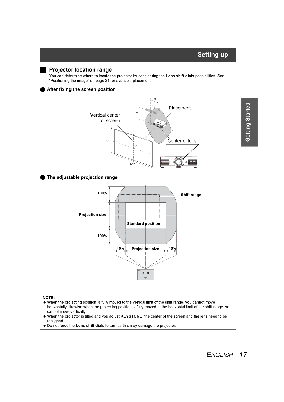 Panasonic PT-AE1000U manual Projector location range, After fixing the screen position, Adjustable projection range 