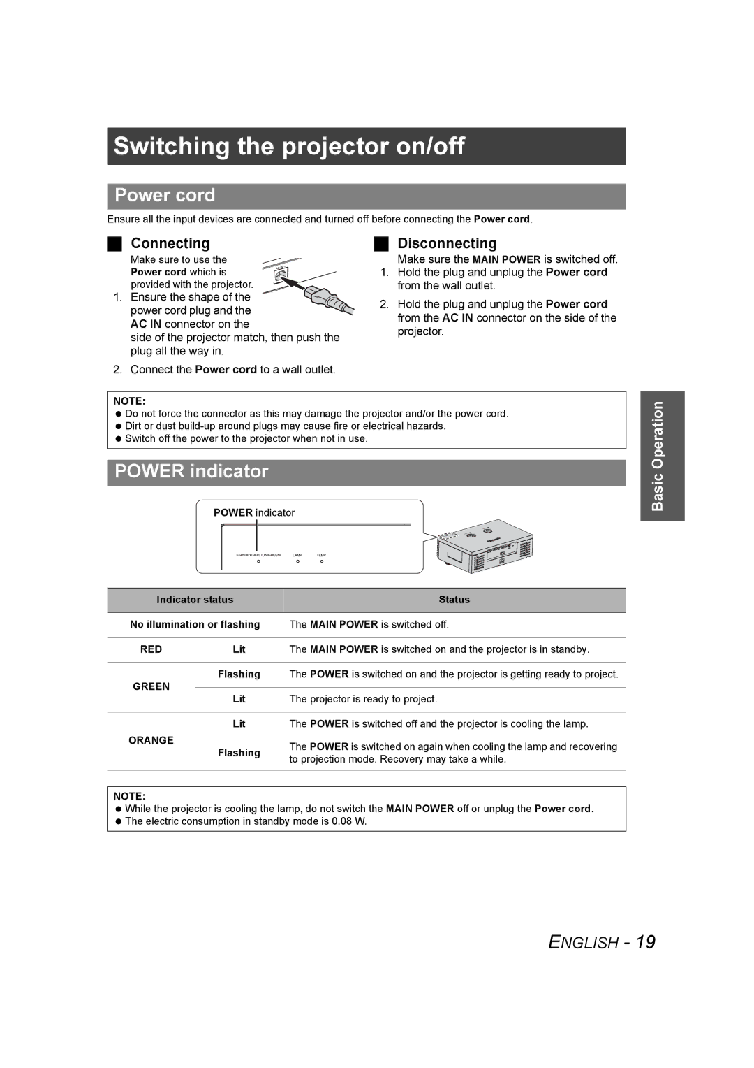 Panasonic PT-AE1000U manual Switching the projector on/off, Power cord, Power indicator, Connecting, Disconnecting 