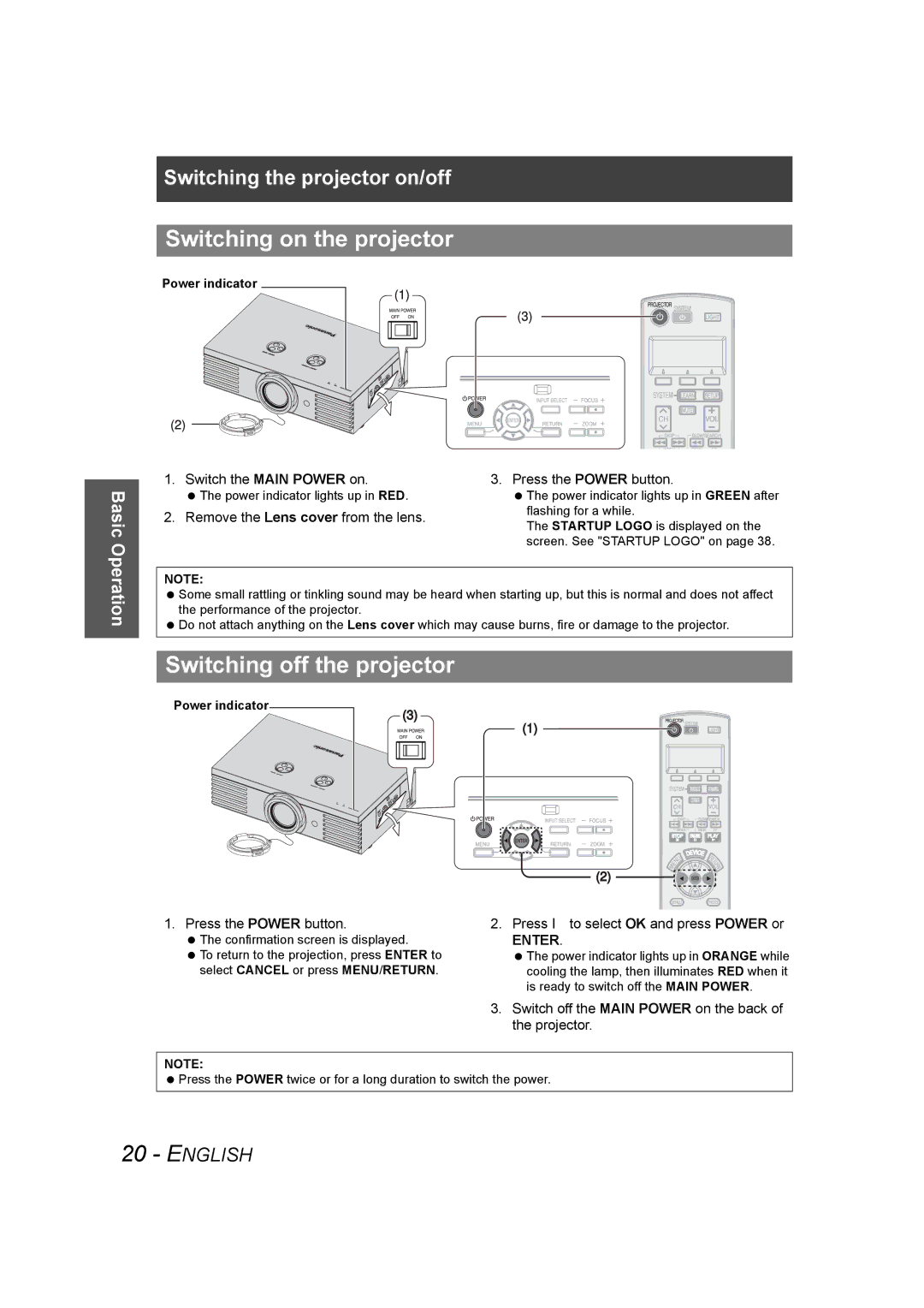 Panasonic PT-AE1000U manual Switching on the projector, Switching off the projector, Power indicator 