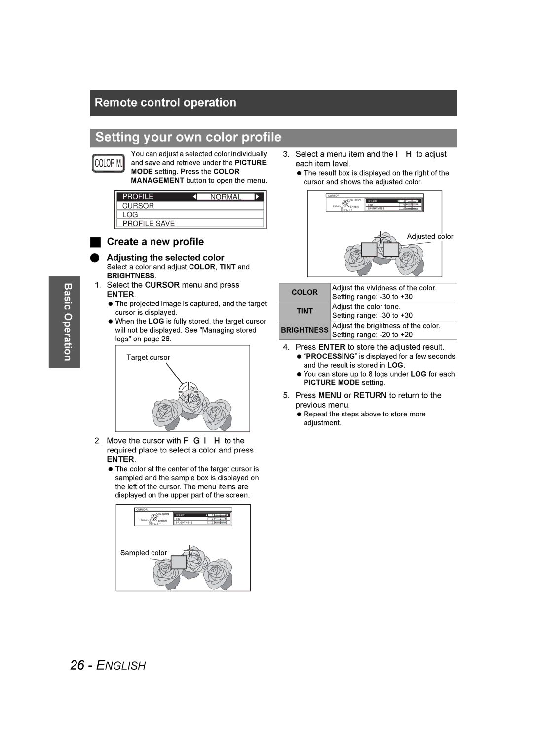 Panasonic PT-AE1000U manual Setting your own color profile, Create a new profile, Adjusting the selected color, Color, Tint 