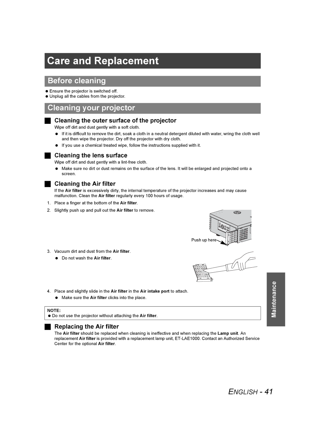 Panasonic PT-AE1000U manual Care and Replacement, Before cleaning, Cleaning your projector 