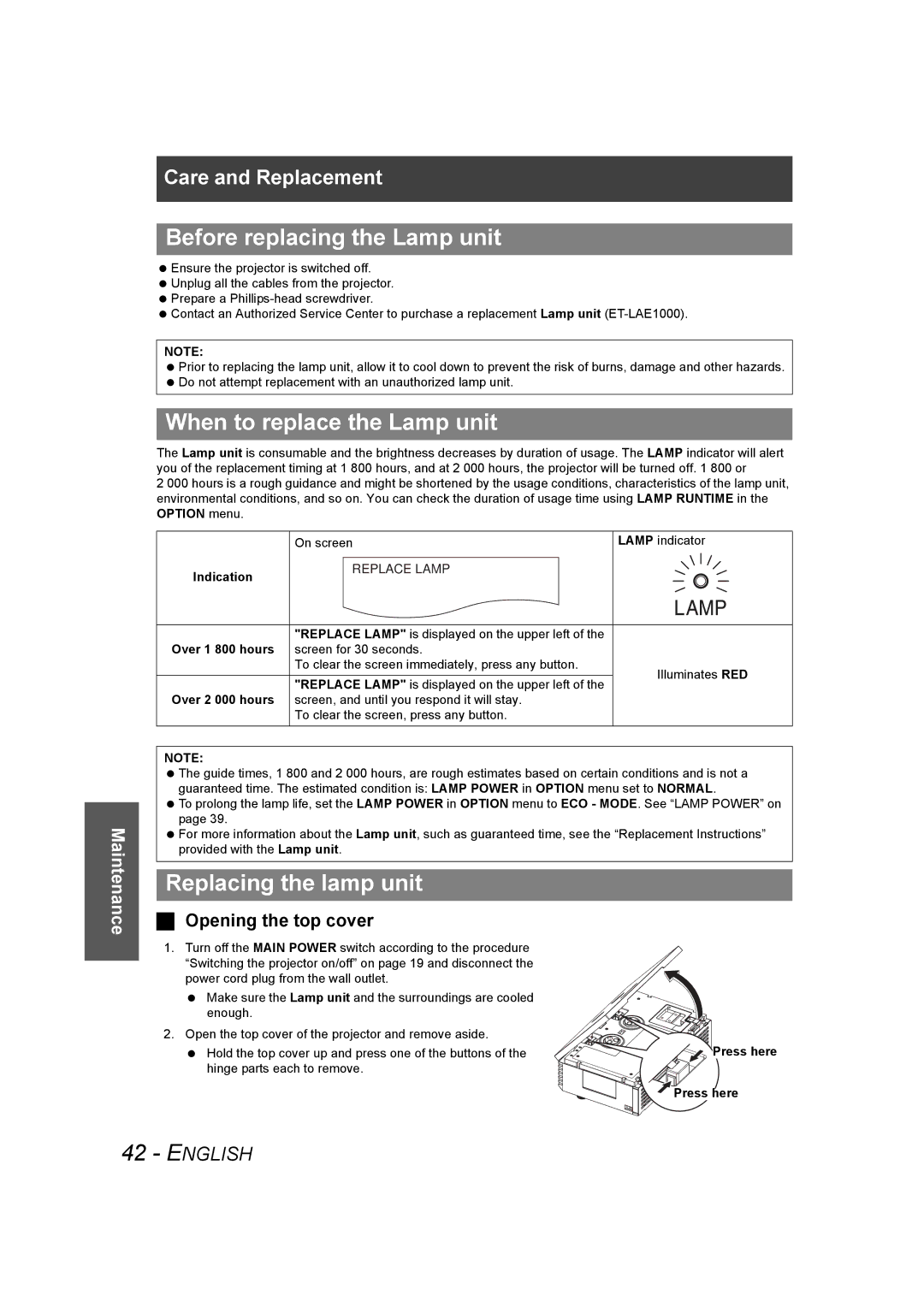 Panasonic PT-AE1000U manual Before replacing the Lamp unit, When to replace the Lamp unit, Replacing the lamp unit 