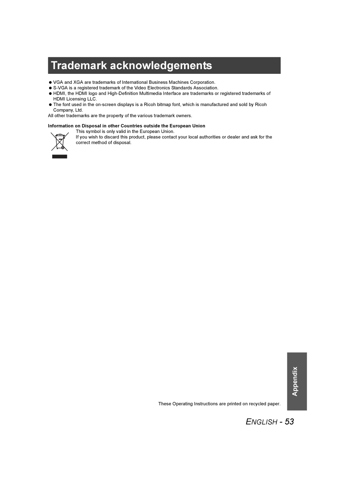 Panasonic PT-AE1000U manual Trademark acknowledgements 