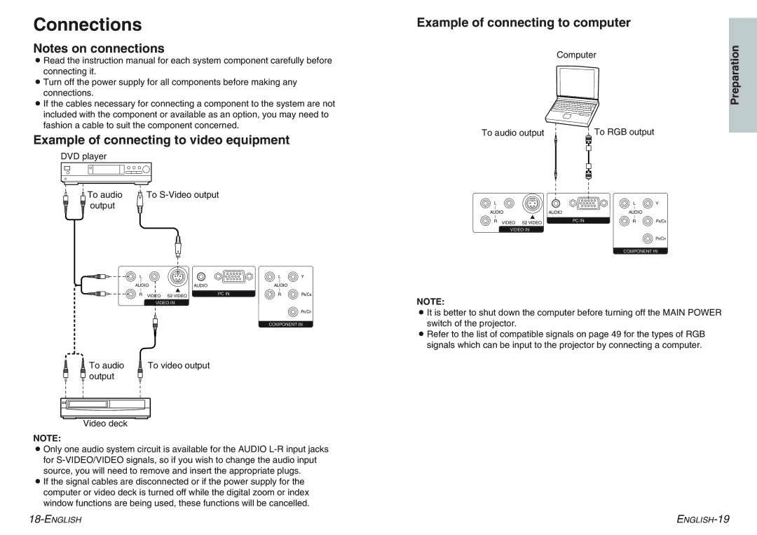 Panasonic PT-AE100E manual Connections, Example of connecting to video equipment, Example of connecting to computer 