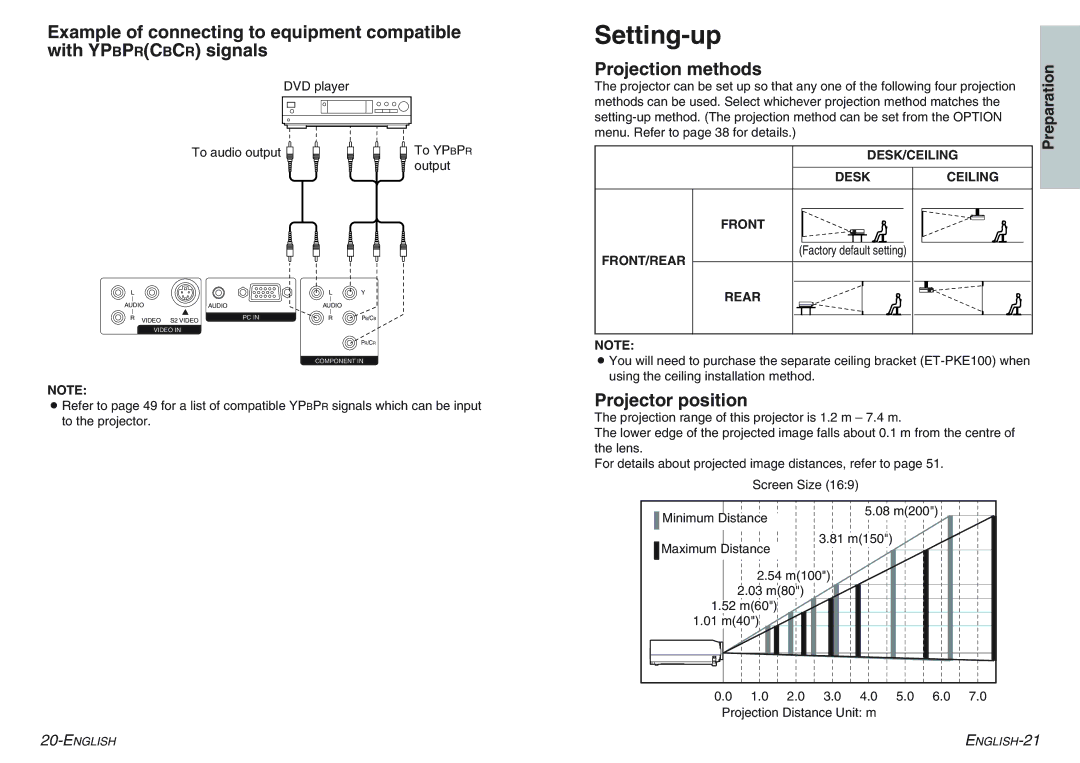 Panasonic PT-AE100E manual Setting-up, Projection methods, Projector position 