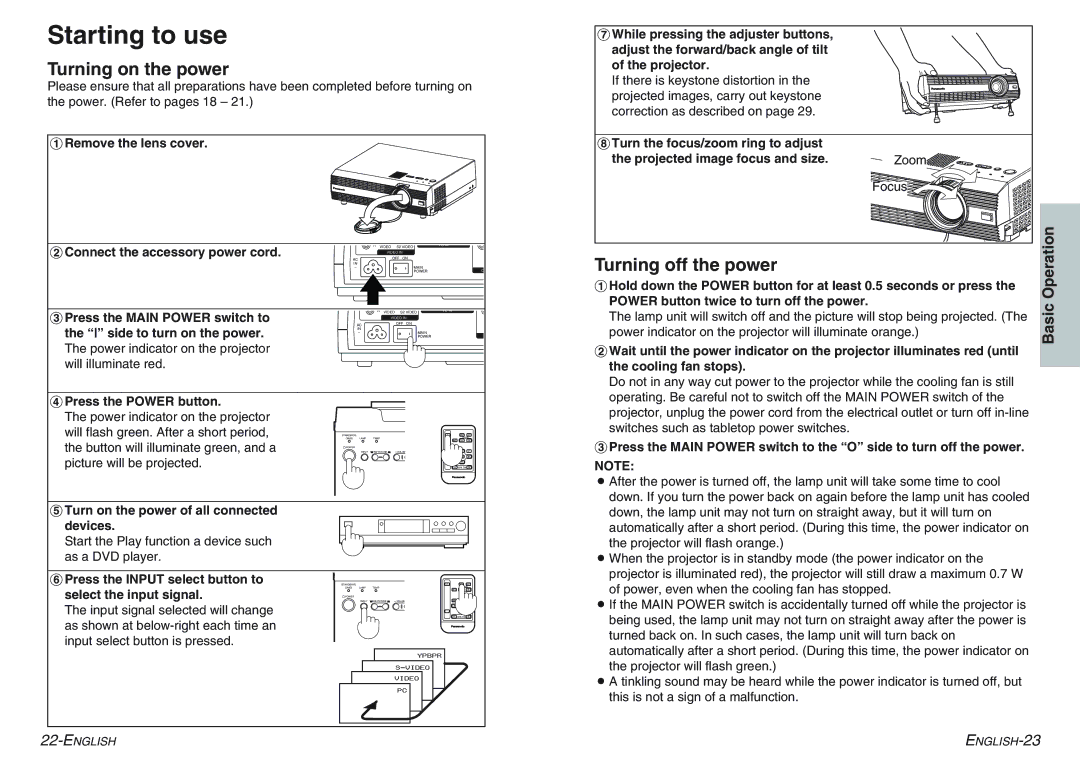 Panasonic PT-AE100E manual Starting to use, Turning on the power, Turning off the power 