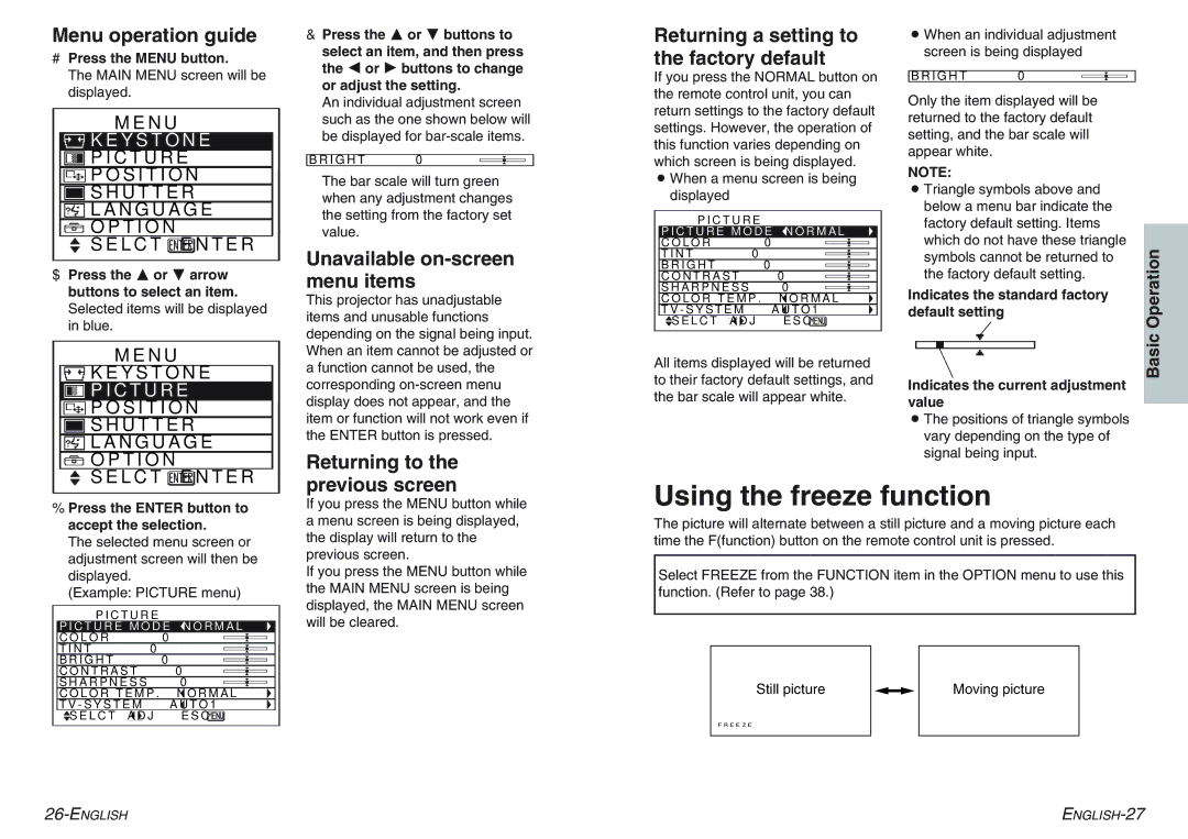 Panasonic PT-AE100E manual Using the freeze function, Menu operation guide, Previous screen 