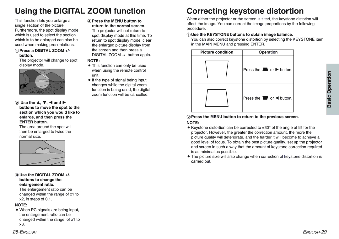 Panasonic PT-AE100E manual # Press a Digital Zoom +/- button, # Use the Keystone buttons to obtain image balance 