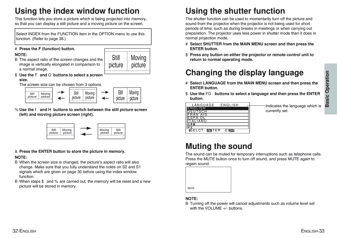 Panasonic PT-AE100E manual Using the index window function, Using the shutter function, Changing the display language 